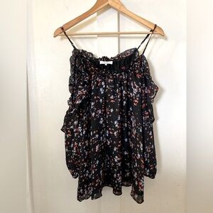 Parker cold shoulder 100% silk flowey black ditzy floral blouse Medium